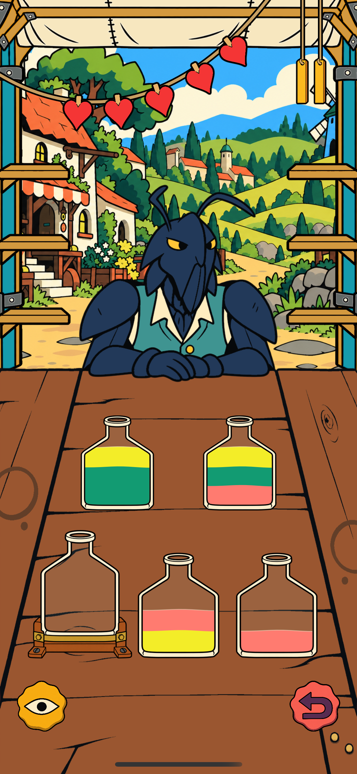 Wonderbrew puzzle preview: a traveller at the counter above bottles filled with yellow, teal, and coral potion