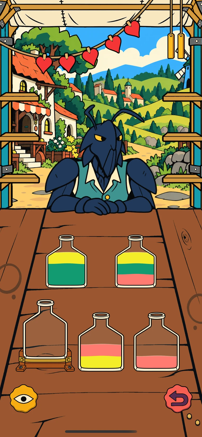 An order in progress: layered teal, yellow and coral liquids in five bottles on the wooden counter.
